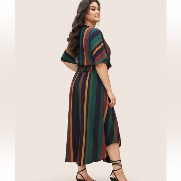 BloomChic Plus Size Striped Dolman Sleeve Pocket Shirred Flutter Wrap Dress - Picture 2 of 5